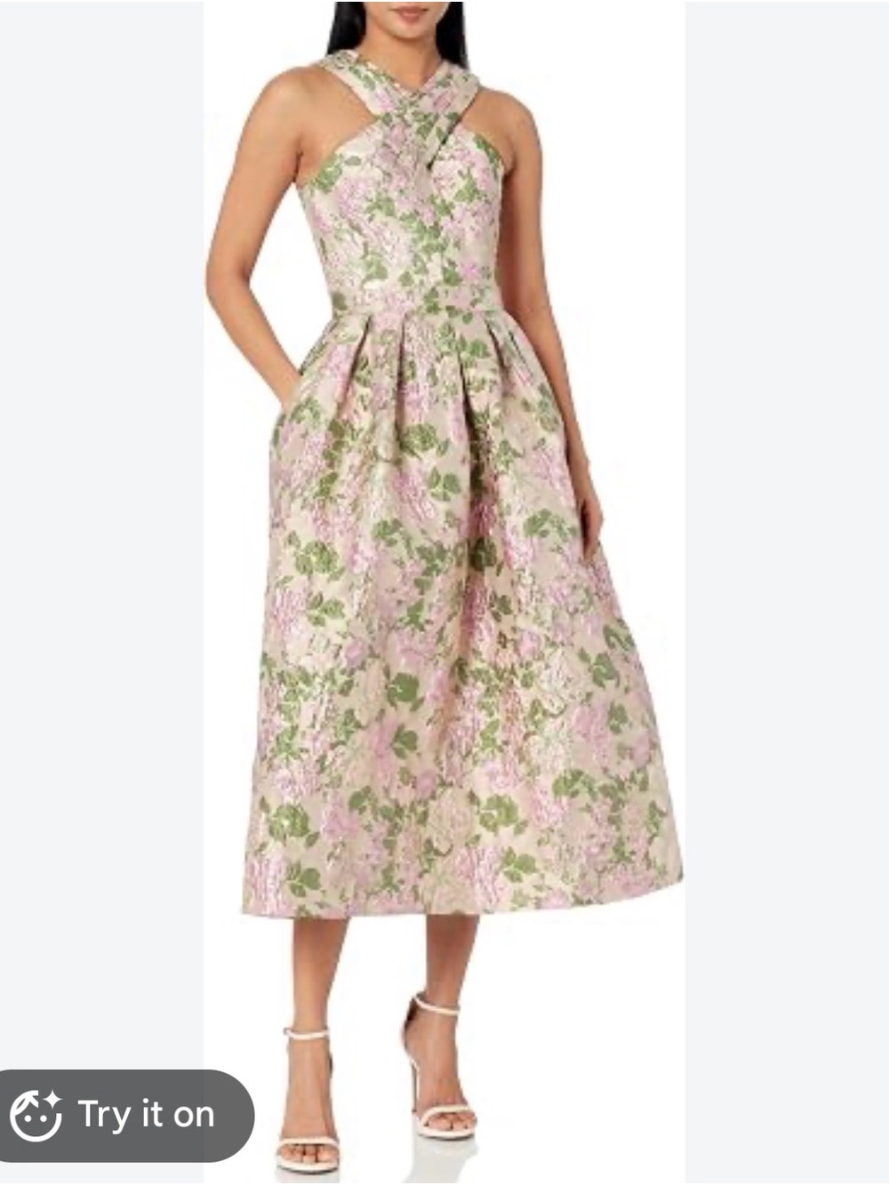 Shoshanna Pink & Green Floral Cross-Neck Jacquard Midi Dress